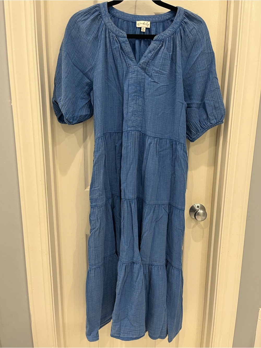 Wonderly Slate Blue Tiered Cotton Midi Dress with Puff Sleeves